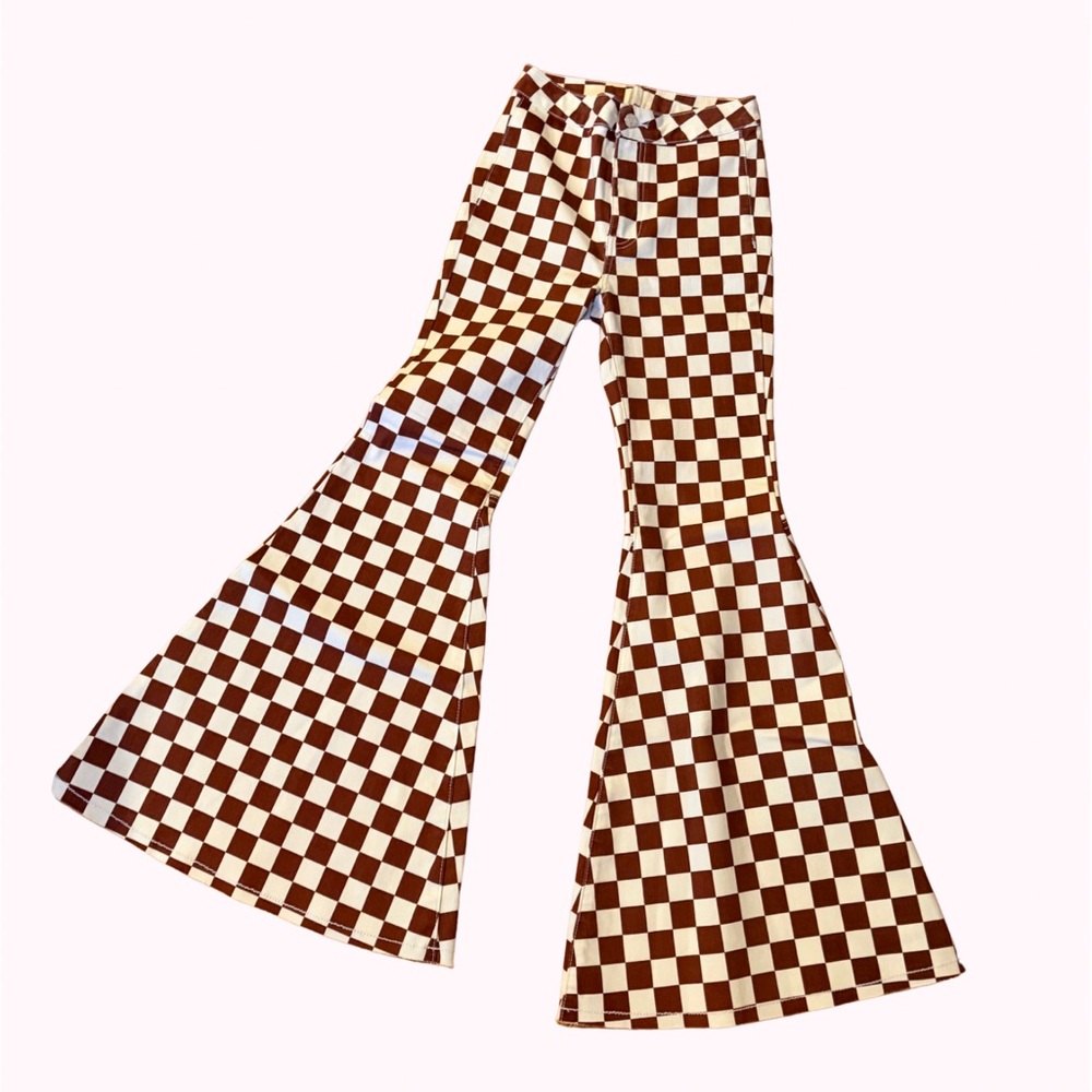 Brown and White Checkered Bellbottom Free People Jeans